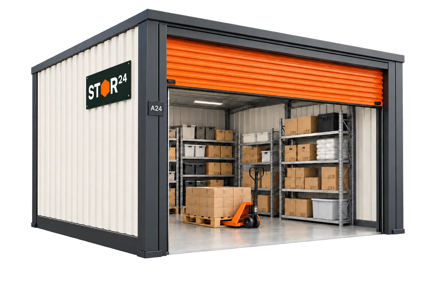 Illustrative STOR24 micro-warehouse concept with stock and pallet jack; confirm actual unit layout