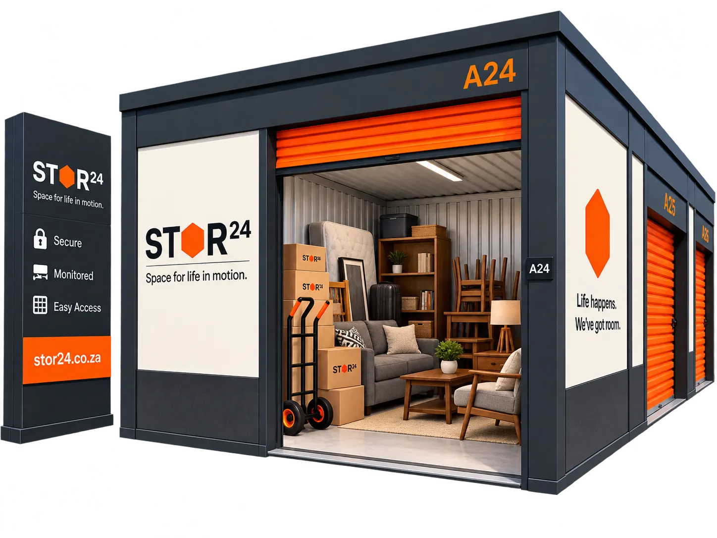 Illustrative STOR24 personal storage marketing image; confirm actual unit layout